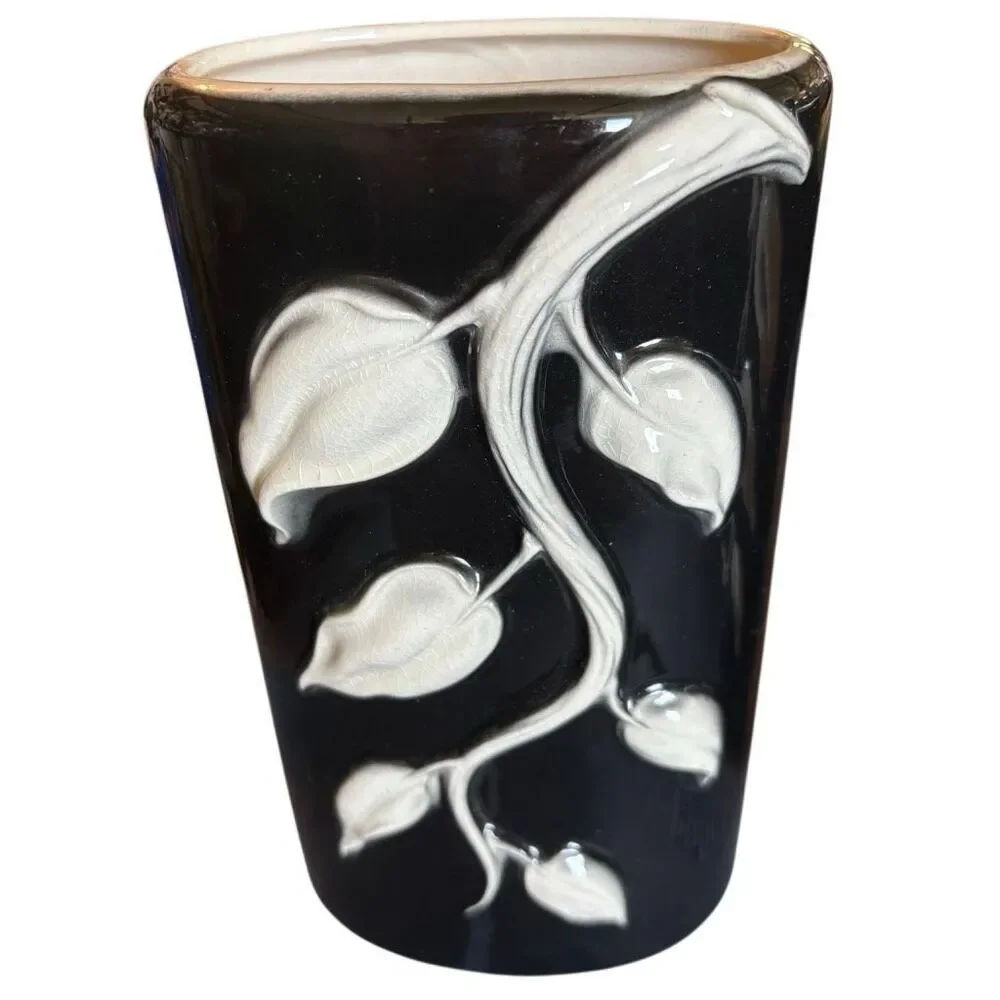 2 Royal Copley Black & White Draping Leaves MCM Vases
